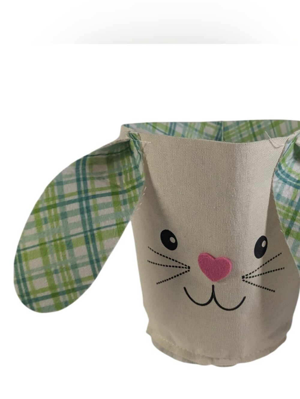 Bunny FaceTreat Basket Cream Green Plaid Ears Cloth Canvas Like